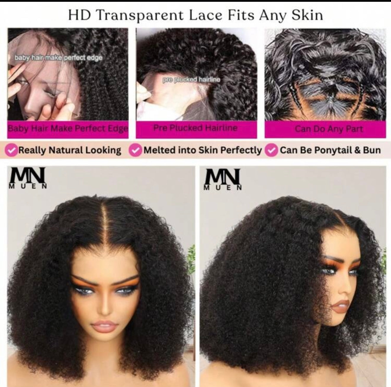Perruques  100%cheveux humains prêt à porter 13/4 perruques naturelles cheveux crépus bouclés 250%densité spéciale installation 70$