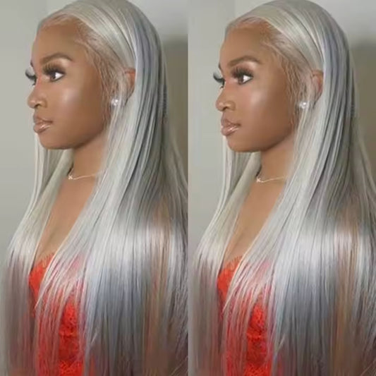 Perruque Lace Front 13x4 Remy Brésilienne, Cheveux Humains Lisses, Gris Argenté, Pré-dégarnie, Longue