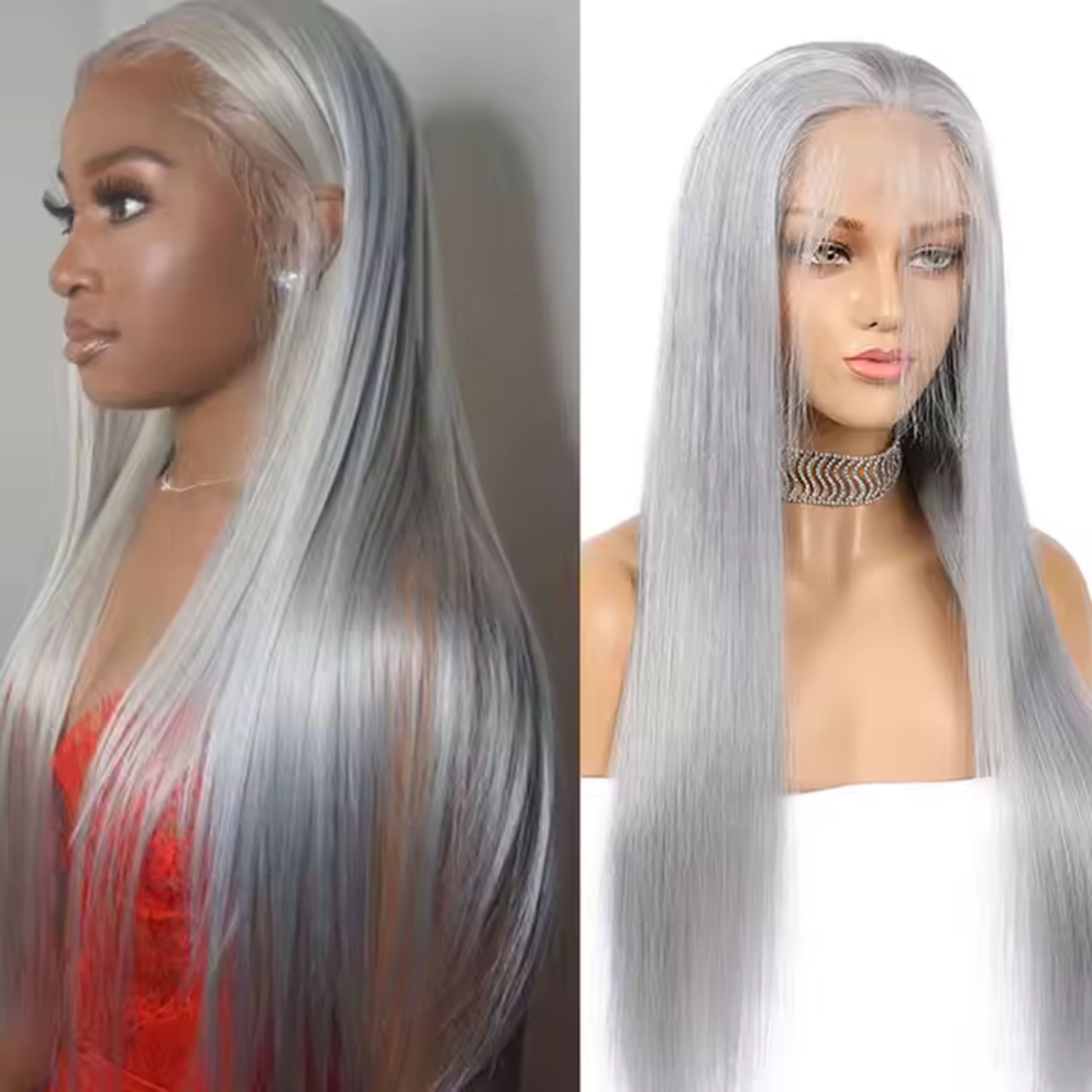 Perruque Lace Front 13x4 Remy Brésilienne, Cheveux Humains Lisses, Gris Argenté, Pré-dégarnie, Longue