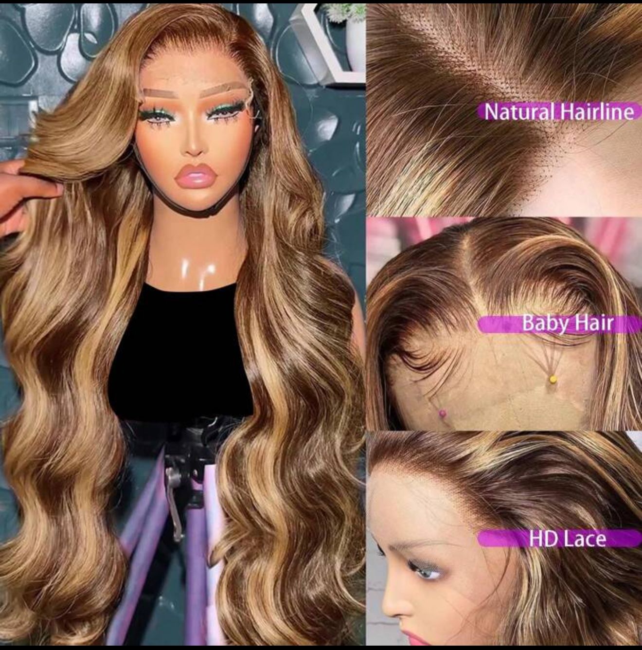 Vente et installation Cheveux humains, dégradé brun, dentelle frontale pre-plukée, mélange de cheveux humains (perruque au carré 32’’ 13/4 100$