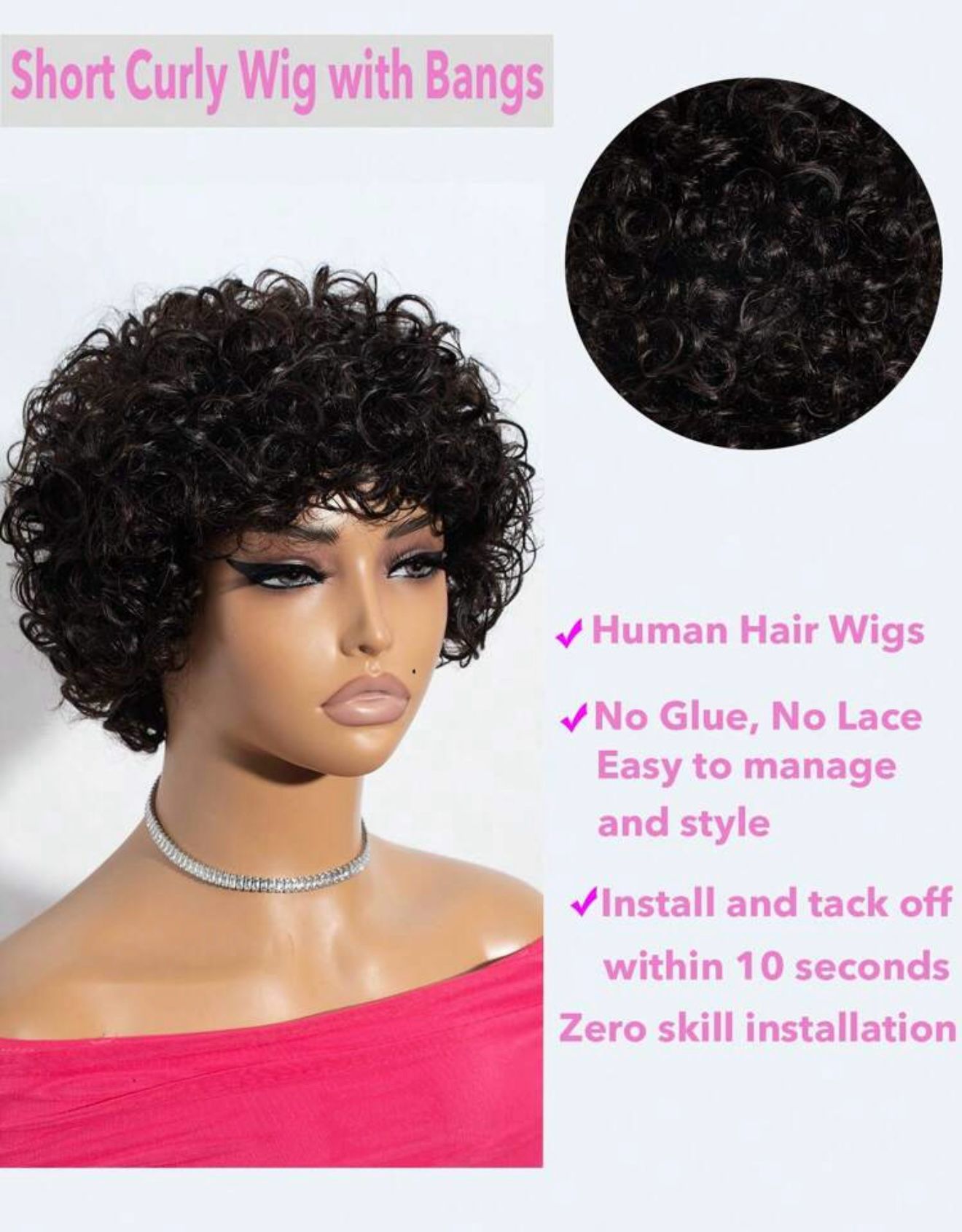 Perruque en cheveux humains Jerry Curly pour femmes noires – Perruque courte de 10 pouces, coupe pixie afro bouclée avec frange, cheveux colorés bruns – Modèle Allure.